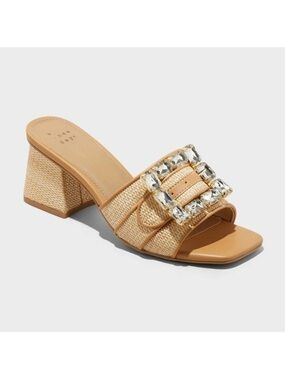 a new day Tan Raffia Block Heel Slide with Crystal-Embellished Buckle